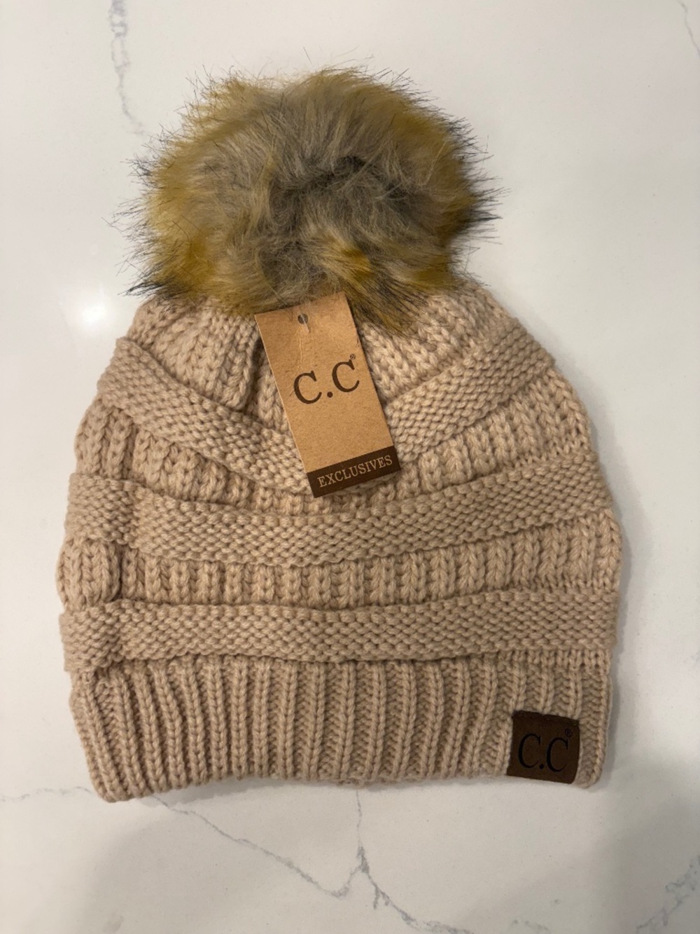 C.C New Beige Ribbed Hat With Faux Fur Pom